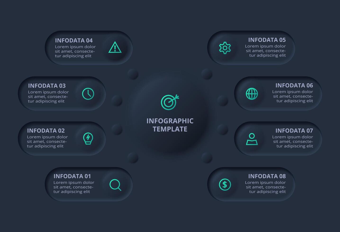 Creative concept for infographic with 8 options. Neumorphic flowchart dark iinfographic. vector
