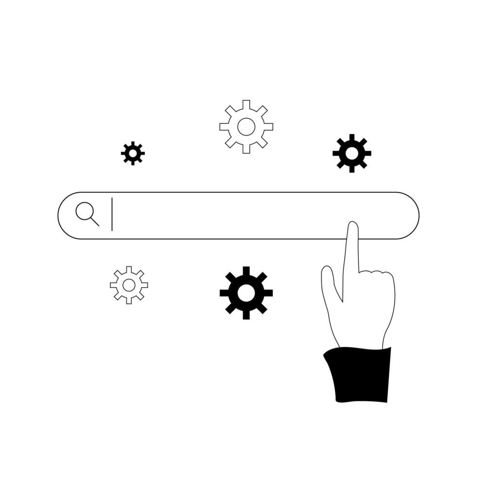 Sketch of a search bar and a hand with the index finger up. Technologies and web surfing, search for solutions and ideas. Black and white illustration on white background vector
