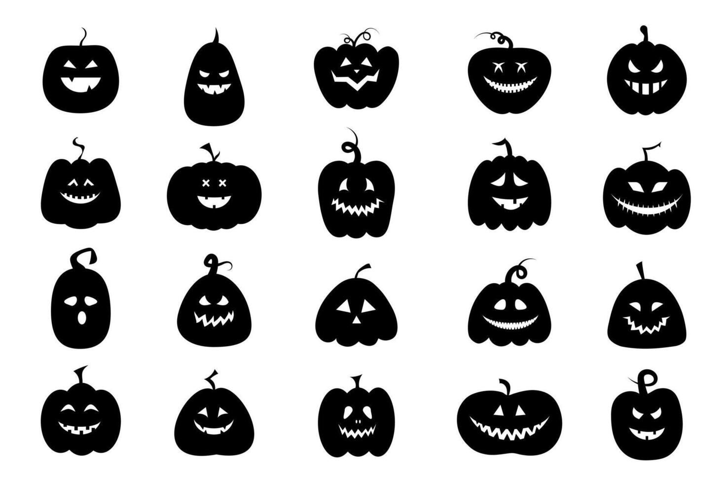 Set of Halloween silhouettes of pumpkins with faces. Black and white illustration. vector