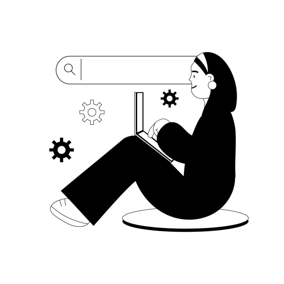 Woman with laptop and search bar. Technologies and web surfing, search for solutions and ideas. Black and white illustration on white background vector