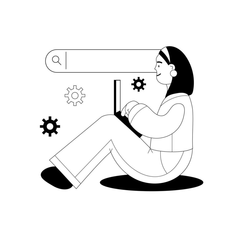 Woman with laptop and search bar. Technologies and web surfing, search for solutions and ideas. Black and white illustration on white background vector