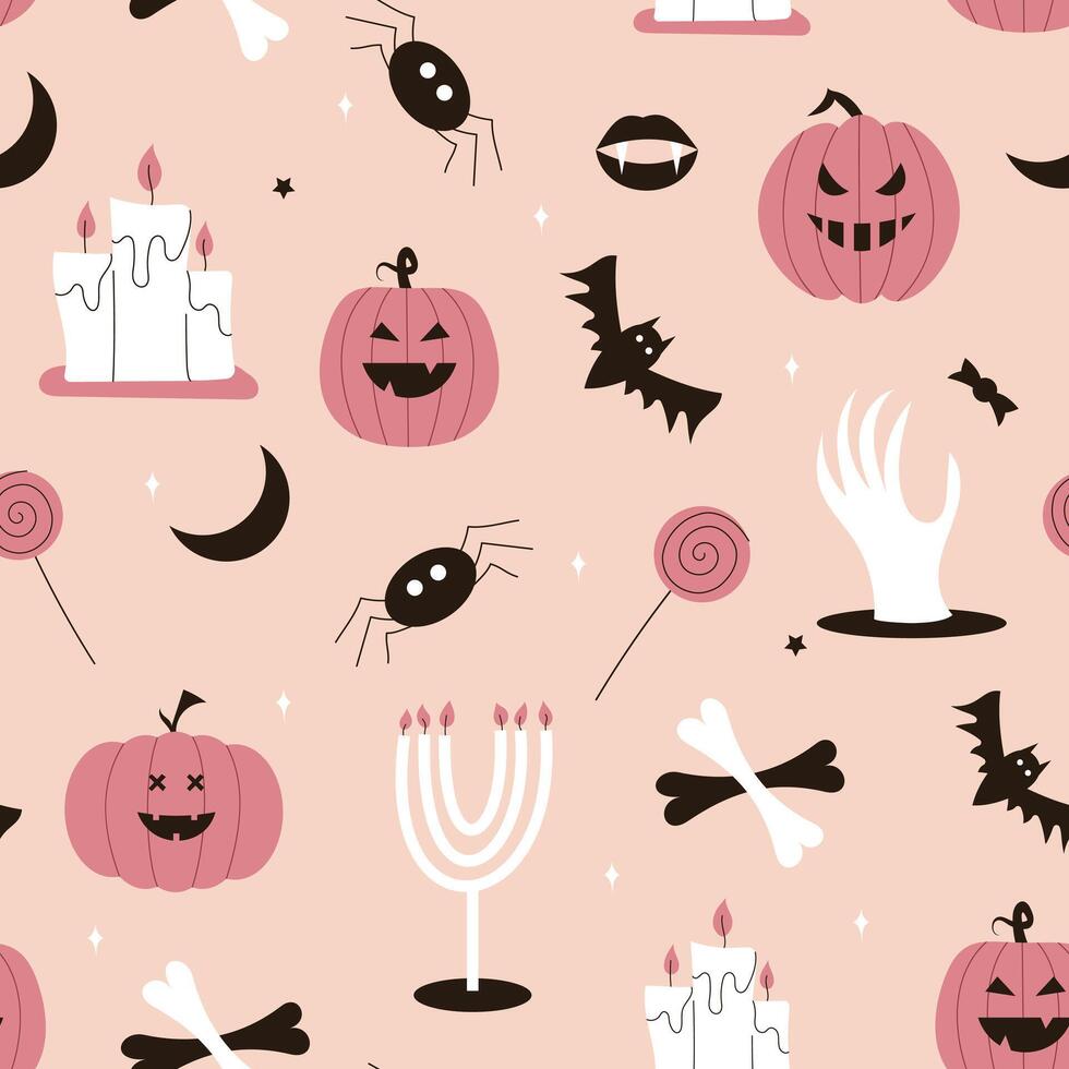 Seamless scary Halloween pattern. Pumpkin, cauldron, spider, candles, bones. Flat illustration in pink color. vector