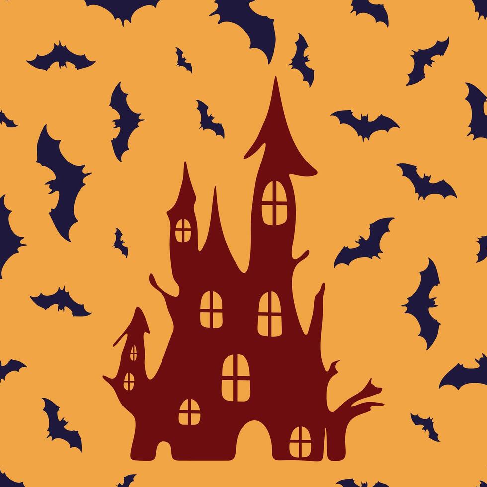 halloween house with bats and bats on orange background vector
