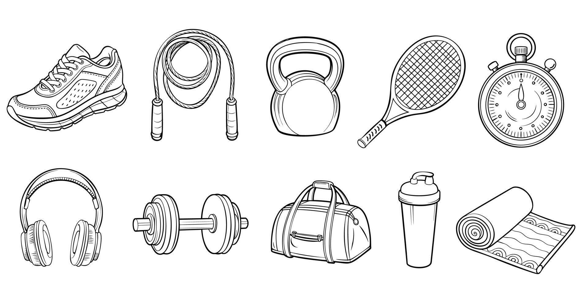 Sport gym sketch icon set. Hand drawn sketch doodle healthy sport, gym fit exercise equipment icon. vector