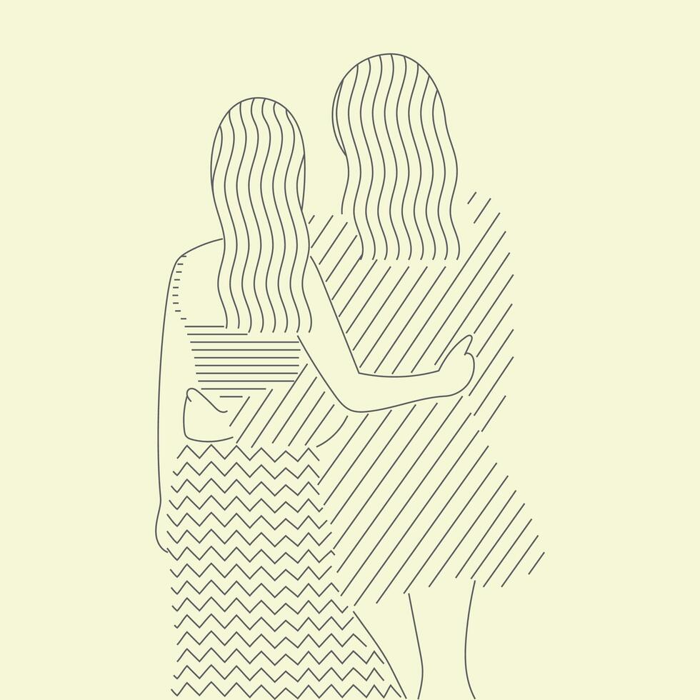 friends hugging illustration in minimalist line drawing vector
