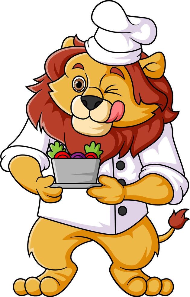 Lion in a chef's hat and apron holds bowl soup vector