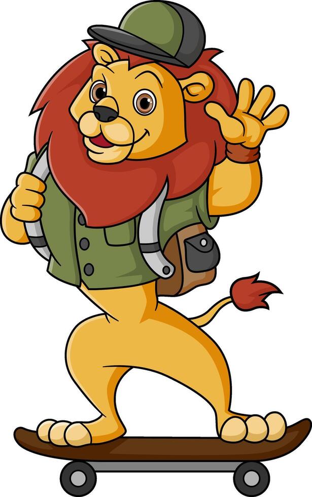 Funny lion cartoon with backpack vector
