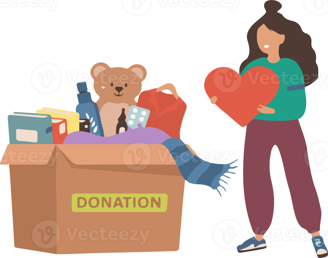A woman is holding a heart and a teddy bear in front of a donation box png