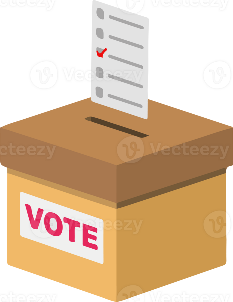 A box with a white label that says Vote, the election ballot paper is put into the ballot box png