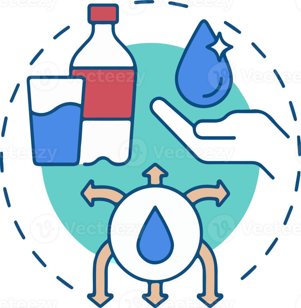 A blue circle with a hand holding a bottle of water and a cup of water, water management png