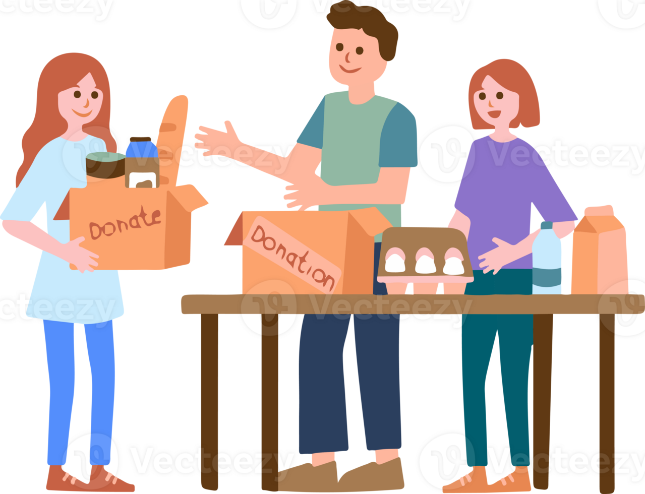 Three people are standing around a table with a donation box in front of them png