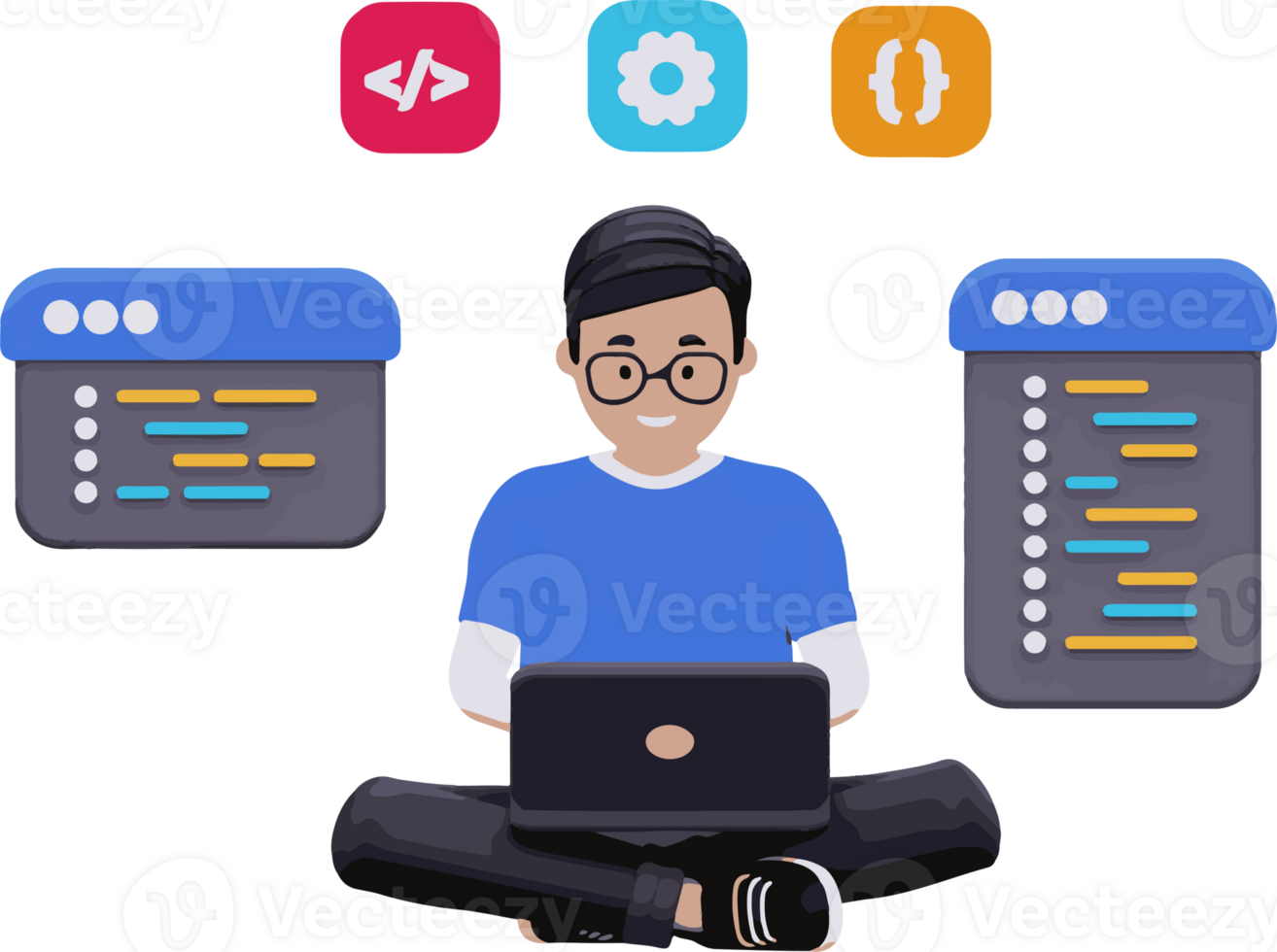 A man is sitting on the floor with a laptop in front of him, programmer profession png