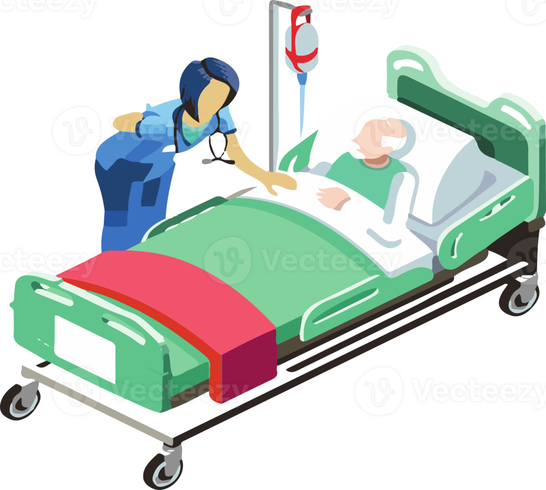 A nurse is tending to a patient in a hospital bed png