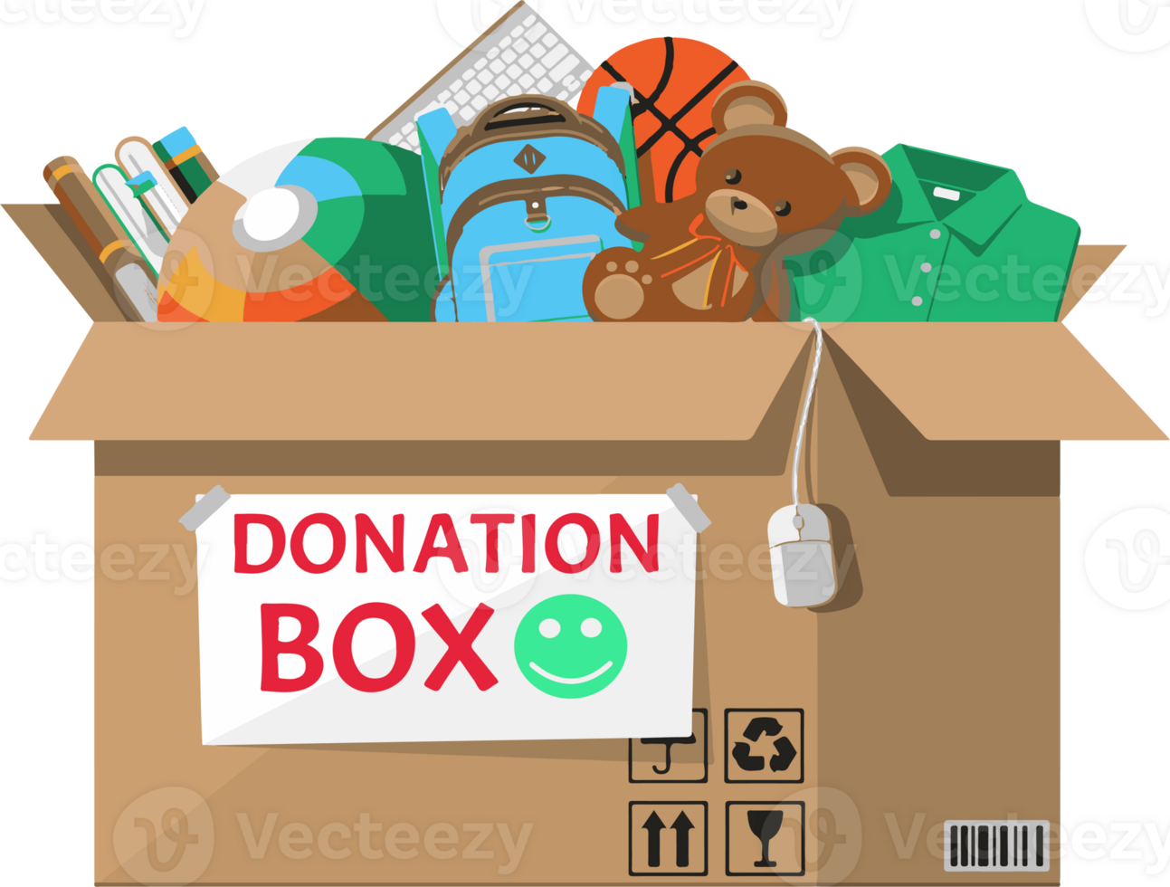 A donation box is filled with various items, including a teddy bear, a backpack png