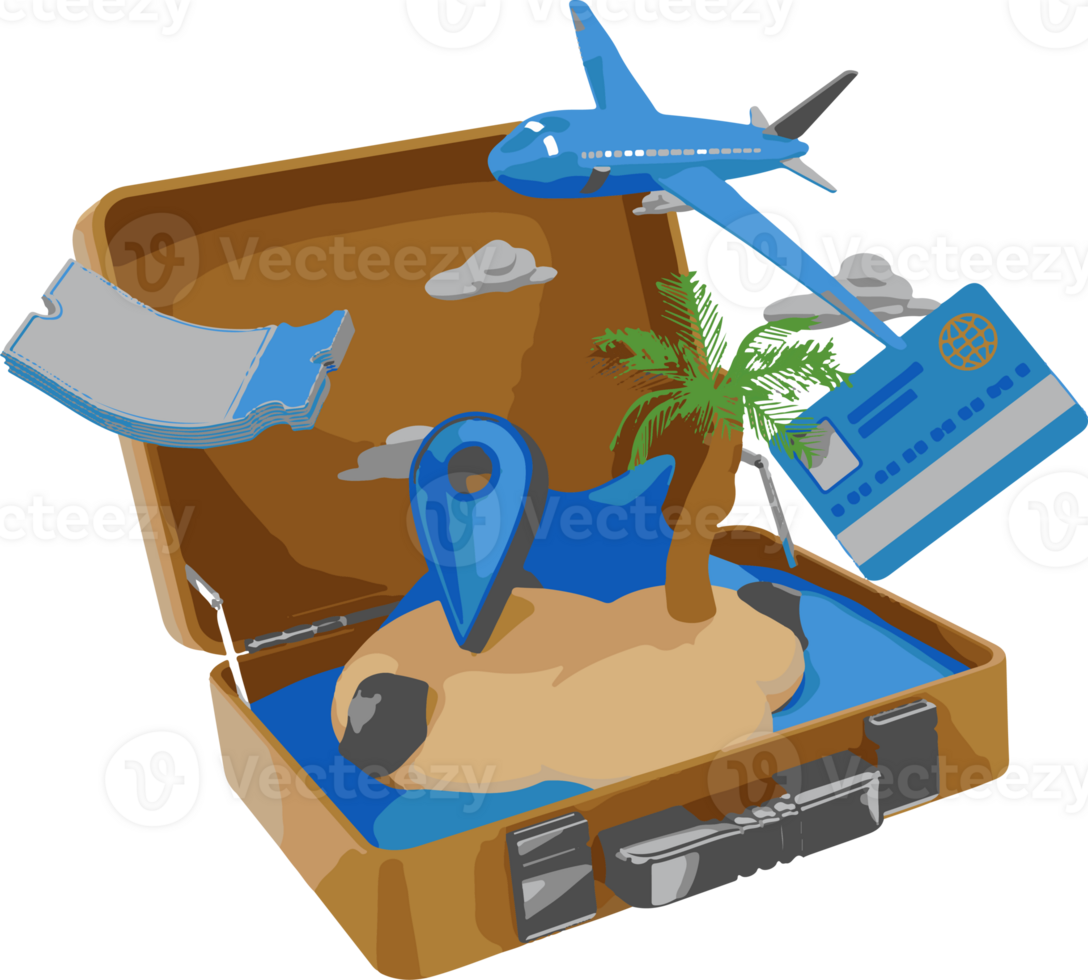 A suitcase with a map of a tropical island and a plane on top of it png