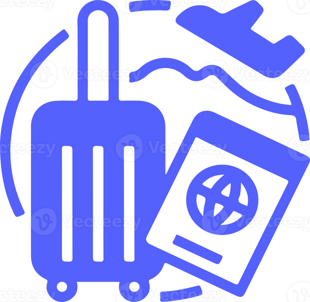 A blue and white image of a suitcase, passport, and airplane png