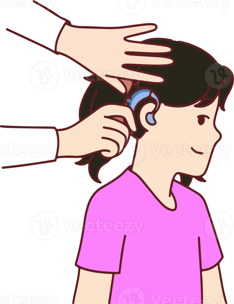 A girl with a pink shirt is fitting a hearing aid png