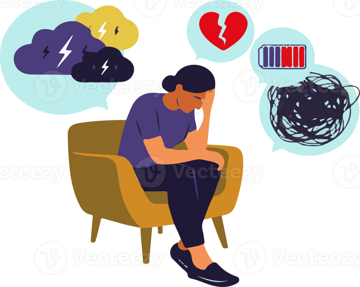 A woman is sitting in a chair with a sad expression on her face, a woman is depressed png