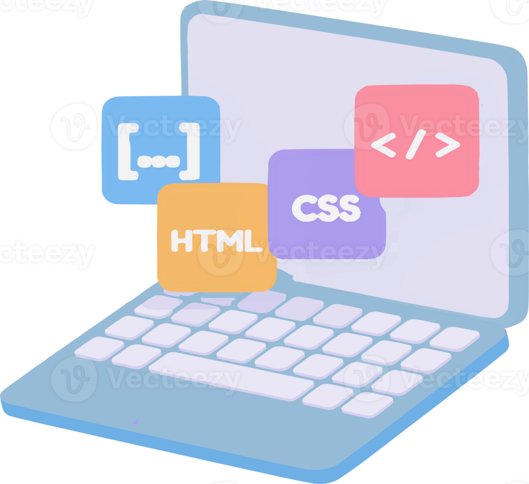 A laptop with a keyboard and a screen showing a variety of programming languages png