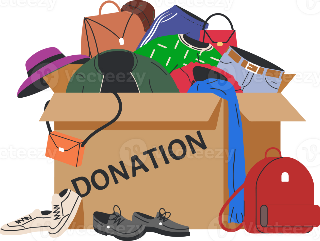 A box full of clothes and shoes with the word donation written on it png