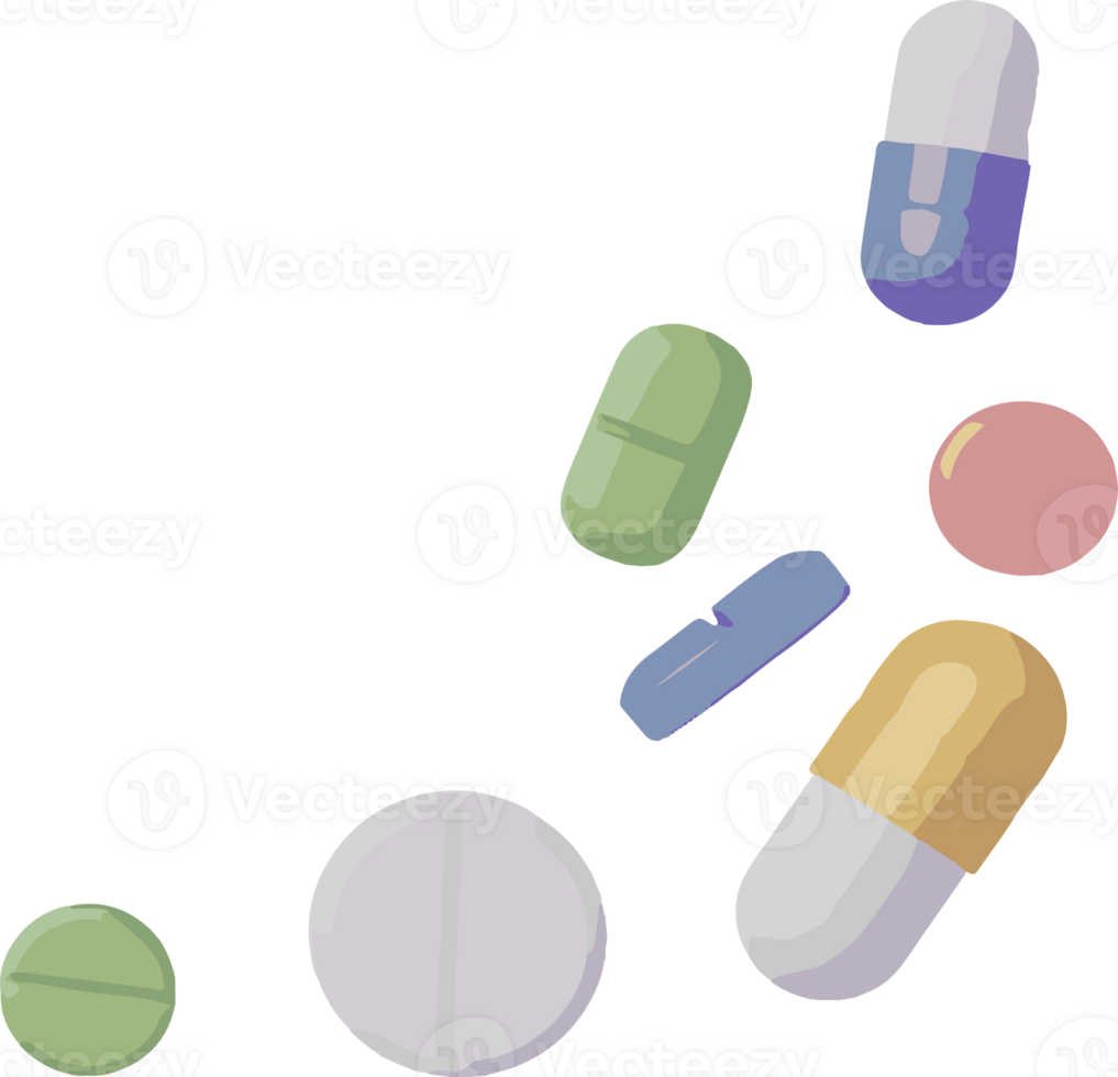 A bunch of pills are scattered on a transparent background png
