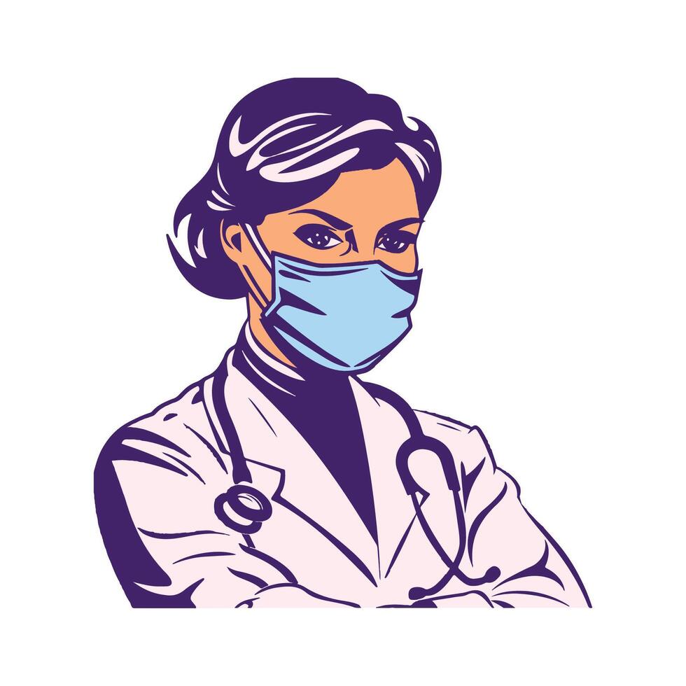 Female Doctor Character is Wearing a Mask Illustration vector