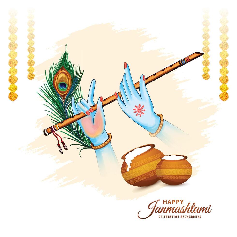 Beautiful happy janmashtami with lord krishna hand playing bansuri festival design vector