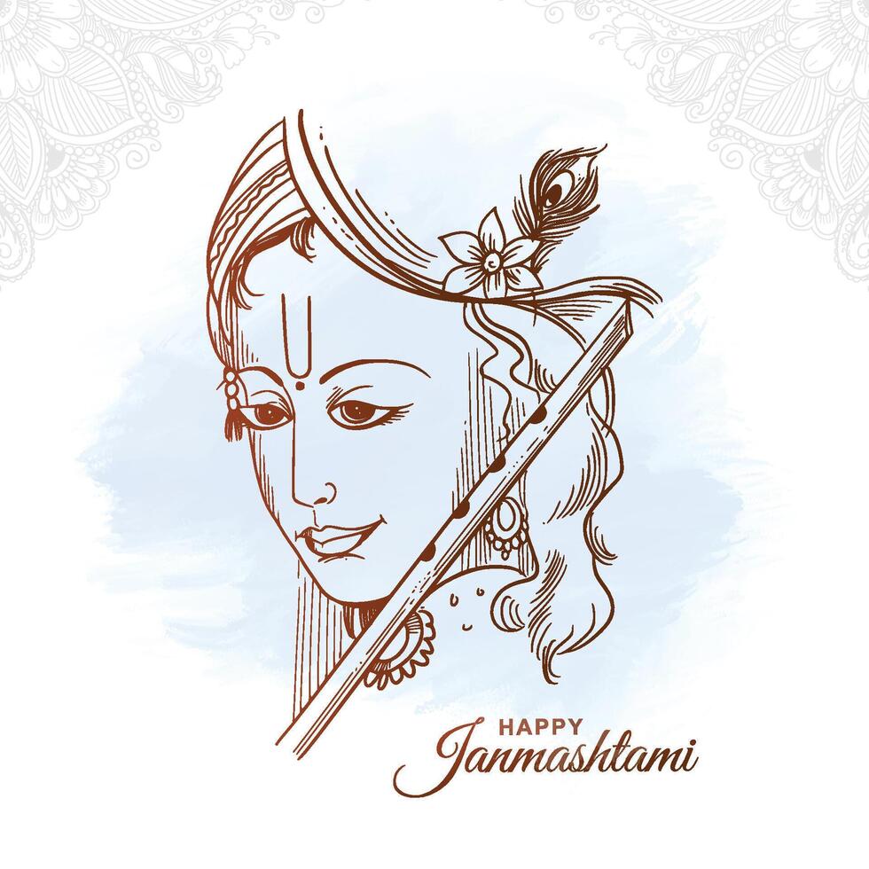 Hand draw modern art sketch lord shri krishna janmashtami card design vector