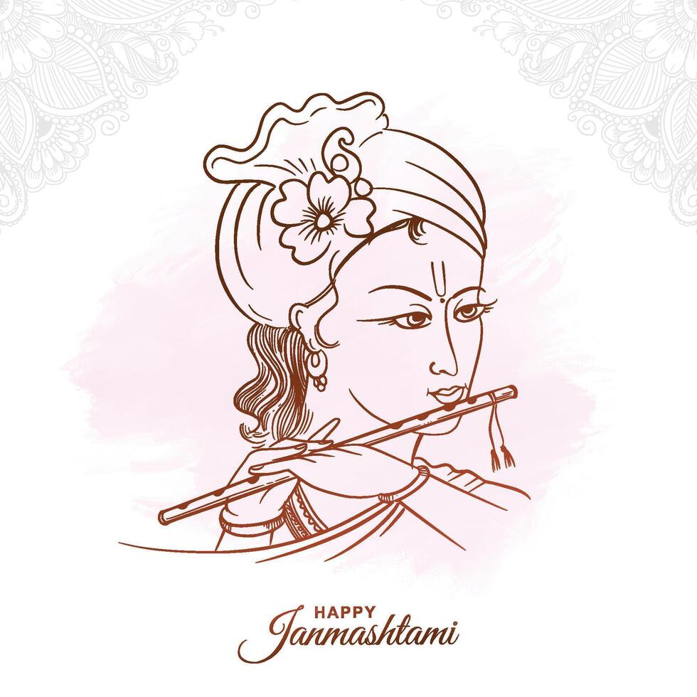 Hand draw modern art sketch lord shri krishna janmashtami card design vector