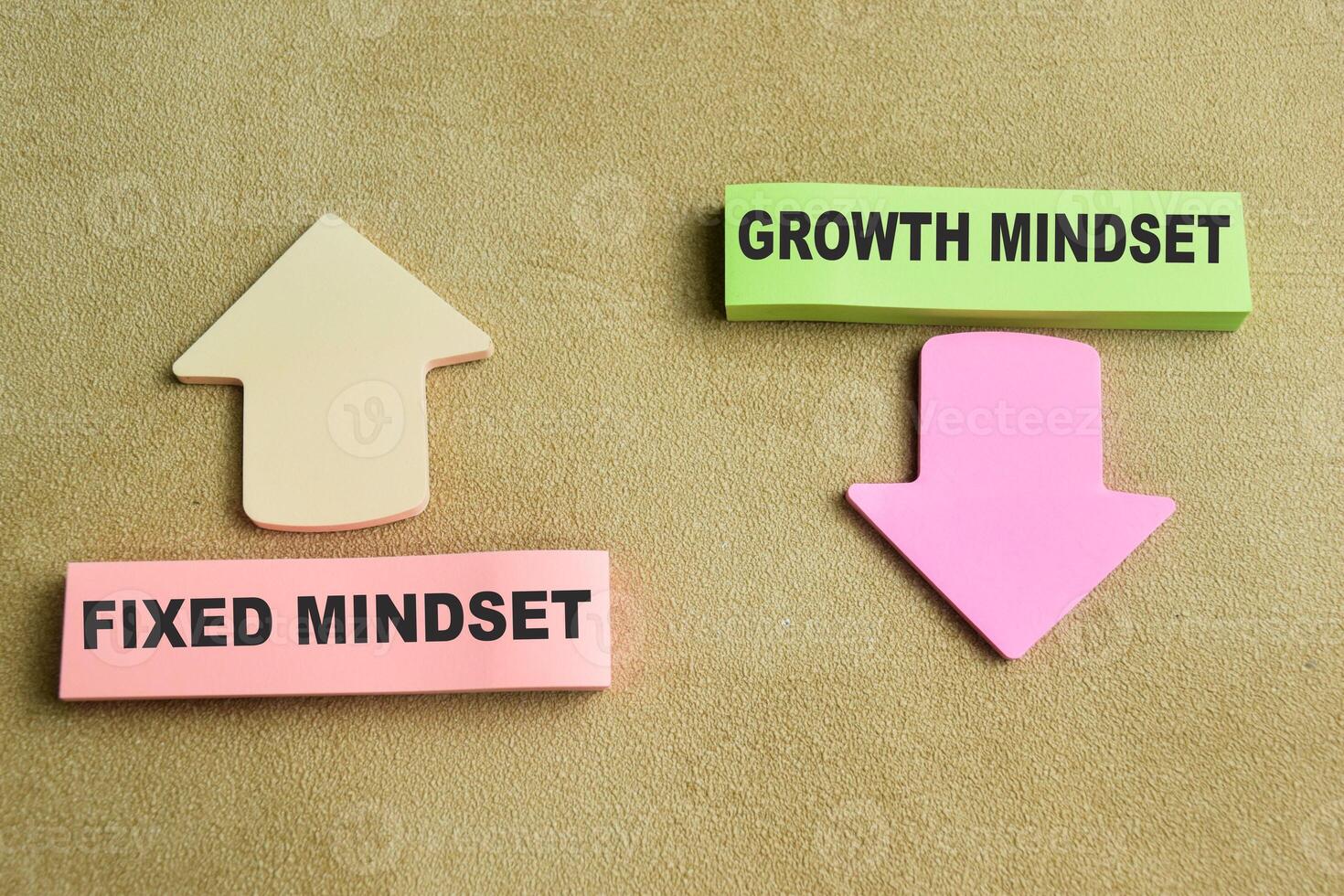 Concept of Fixed Mindset or Growth Mindset write on sticky notes isolated on Wooden Table. photo