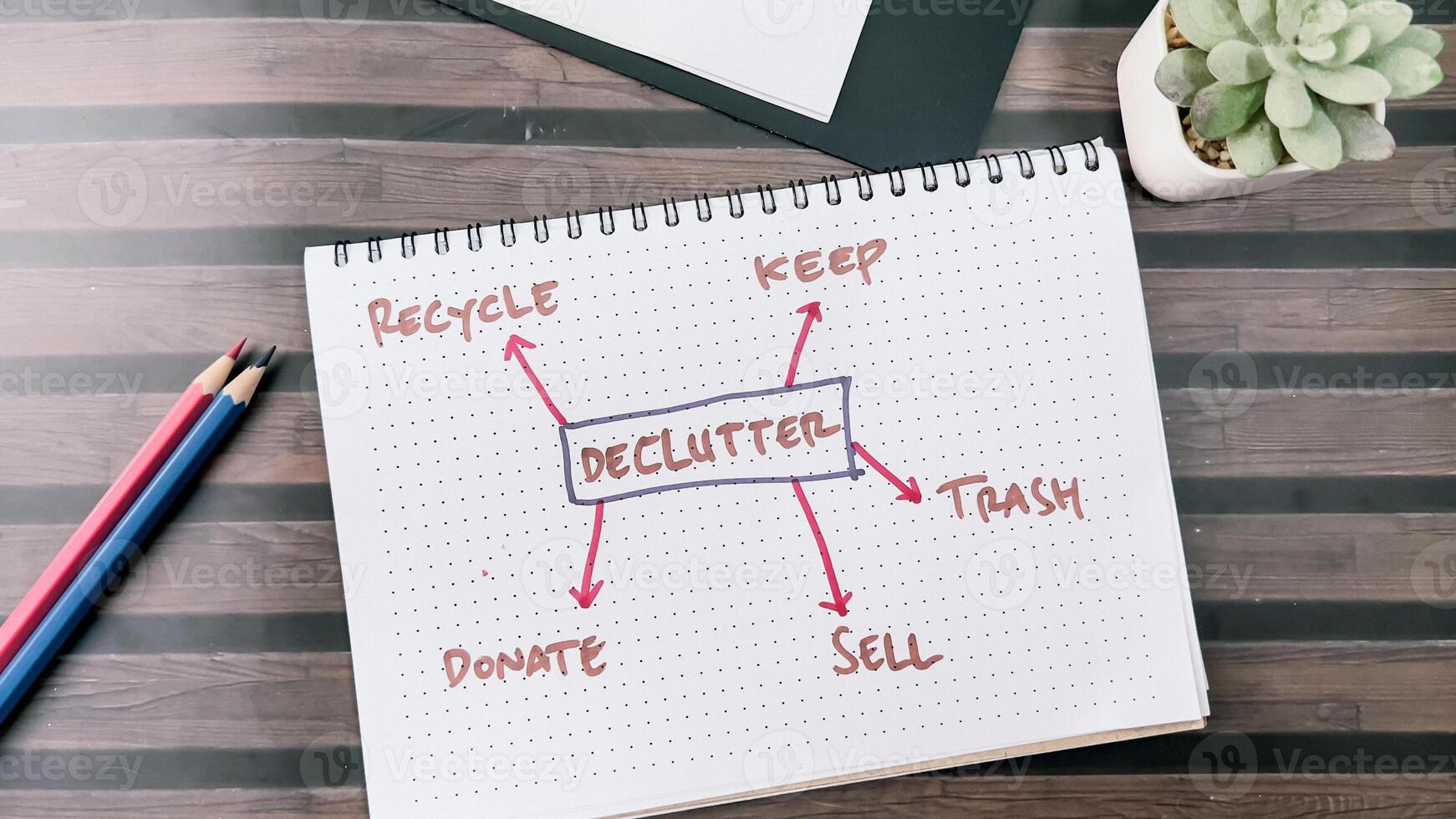 Concept of Declutter write on book with keywords isolated on Wooden Table. photo