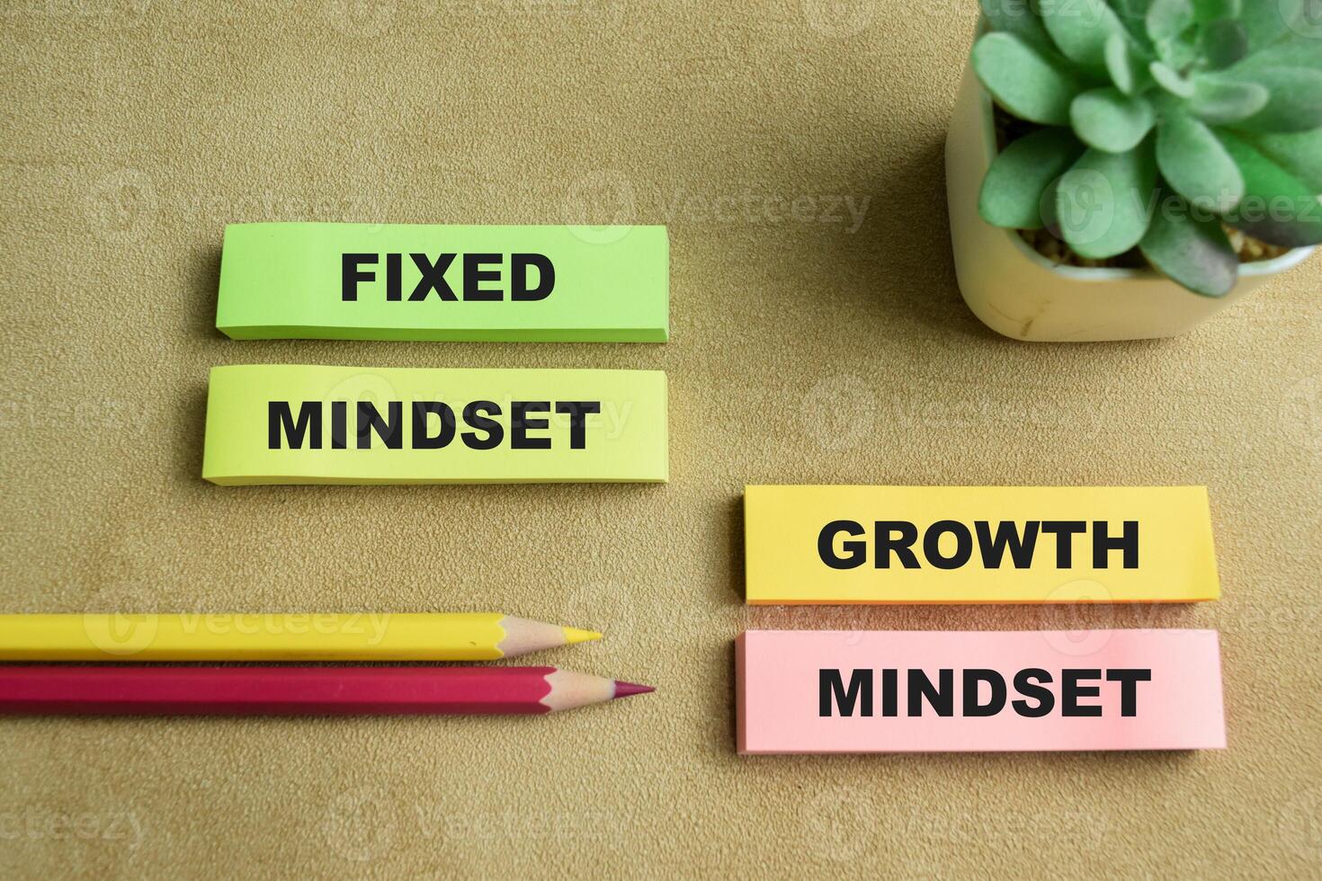 Concept of Fixed Mindset or Growth Mindset write on sticky notes isolated on Wooden Table. photo