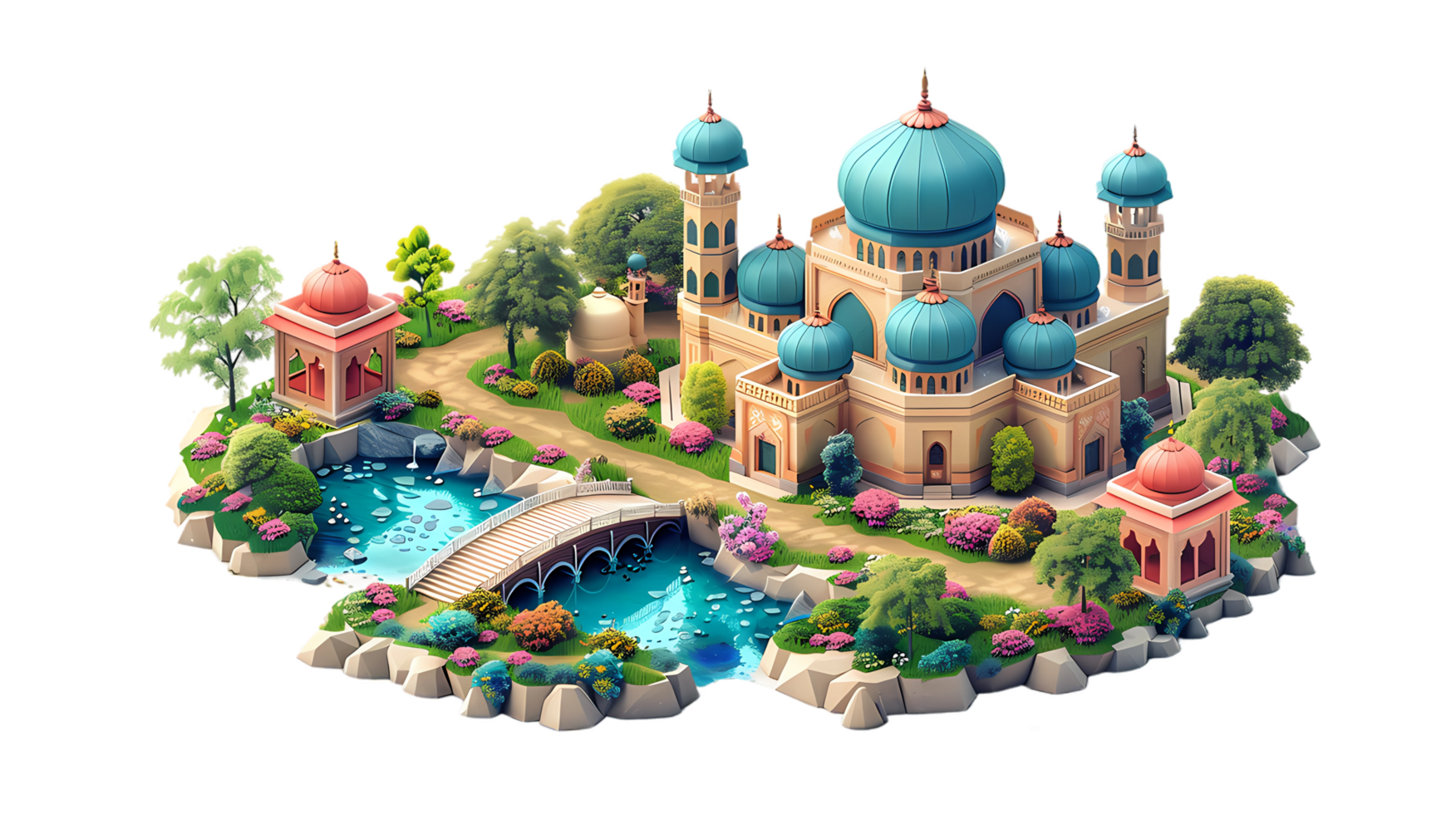 an illustration of a mosque with a bridge and water,.isometric style png