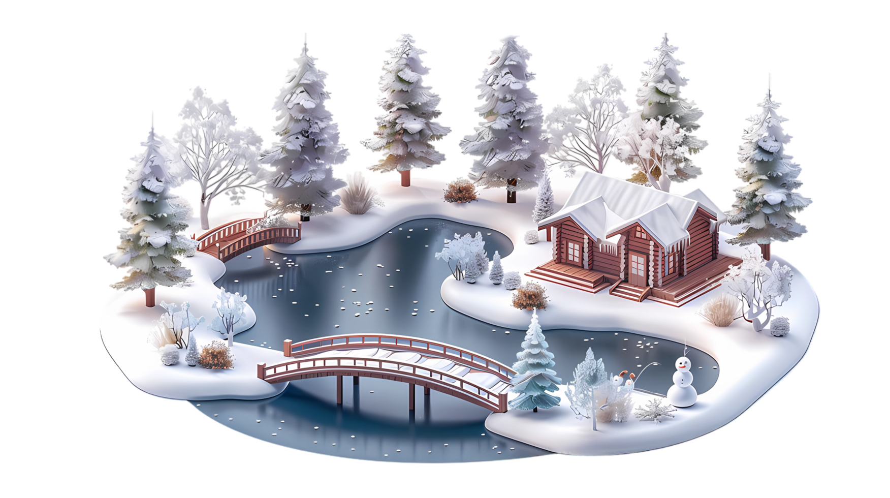isometric style winter landscape with house, trees and pond png