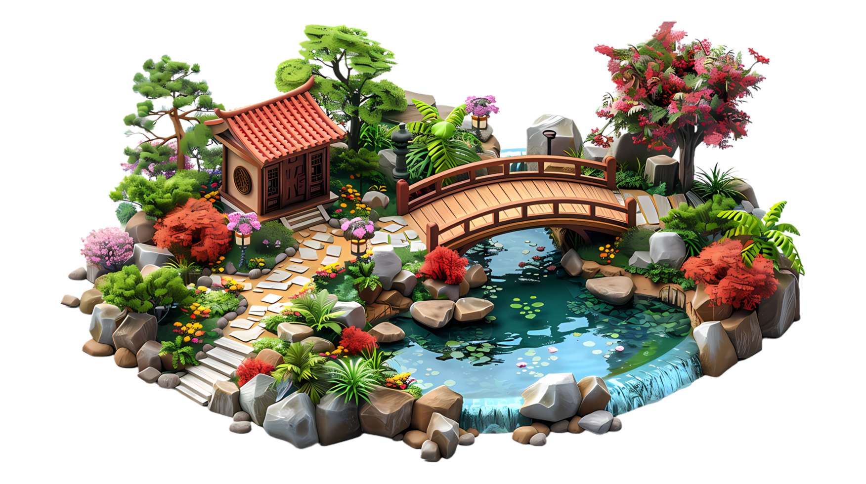 isometric style an asian garden with a bridge and a pond png