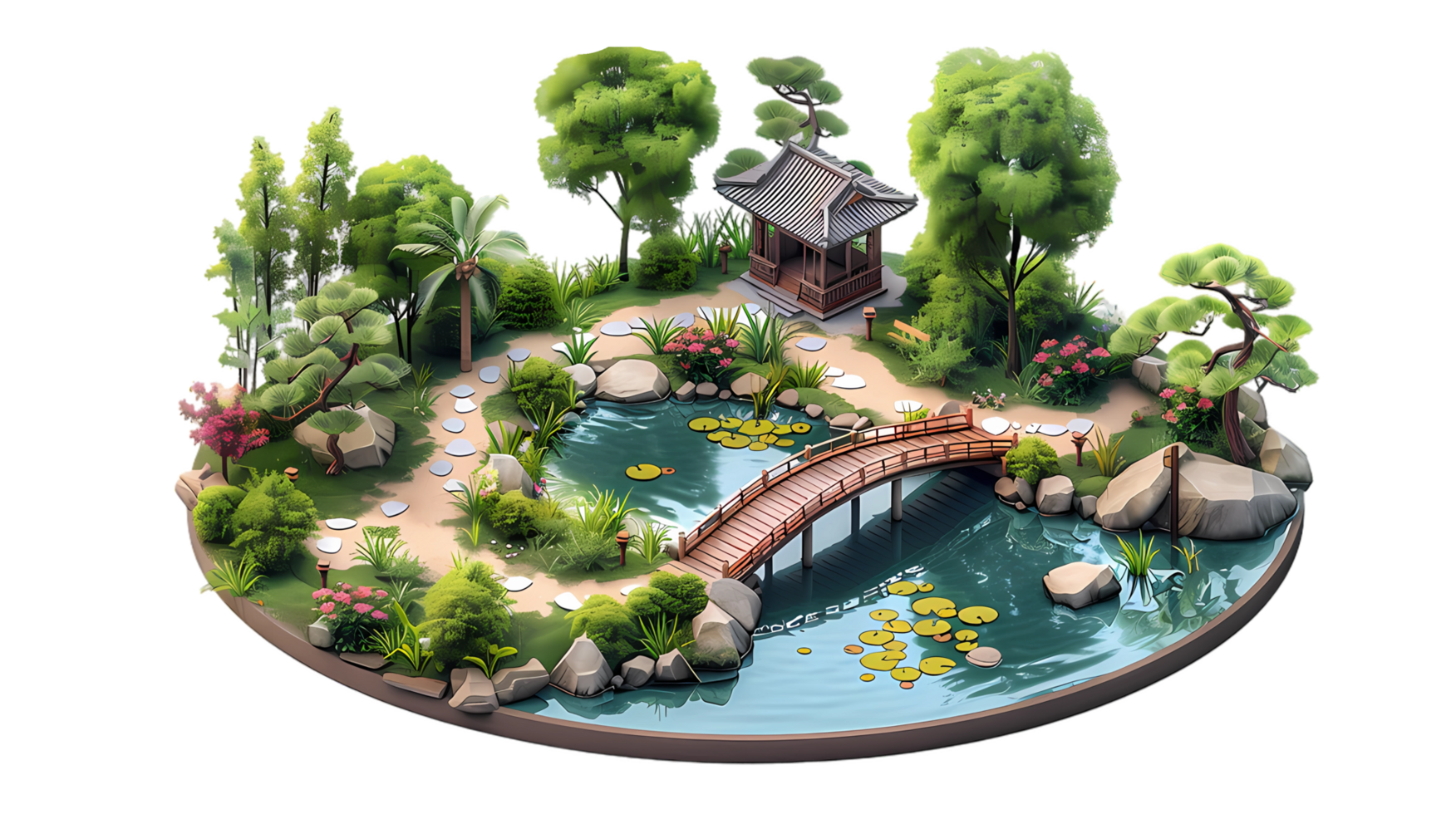 isometric style an asian garden with a bridge and pond png