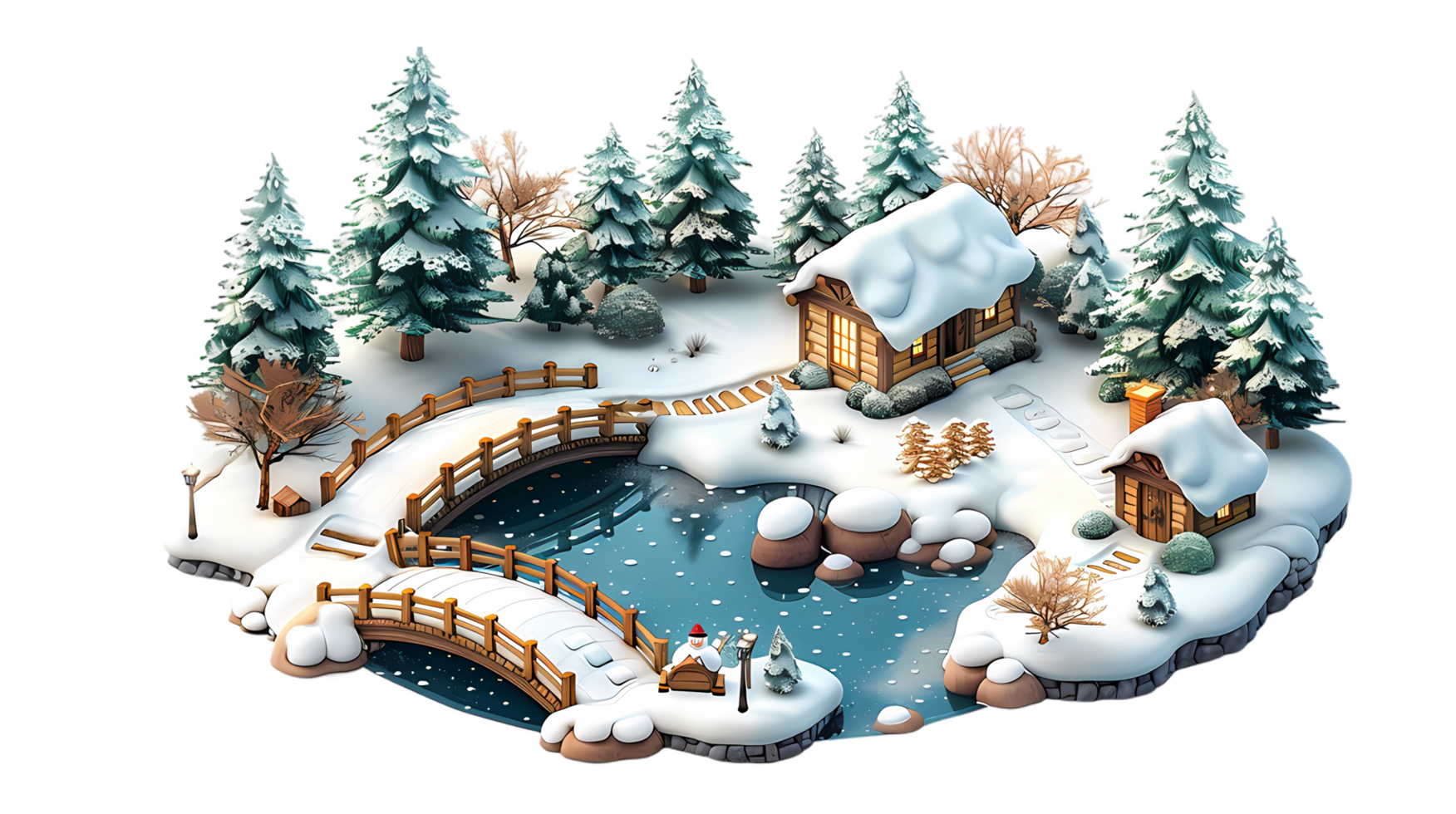 isometric style winter landscape with house, trees and pond png