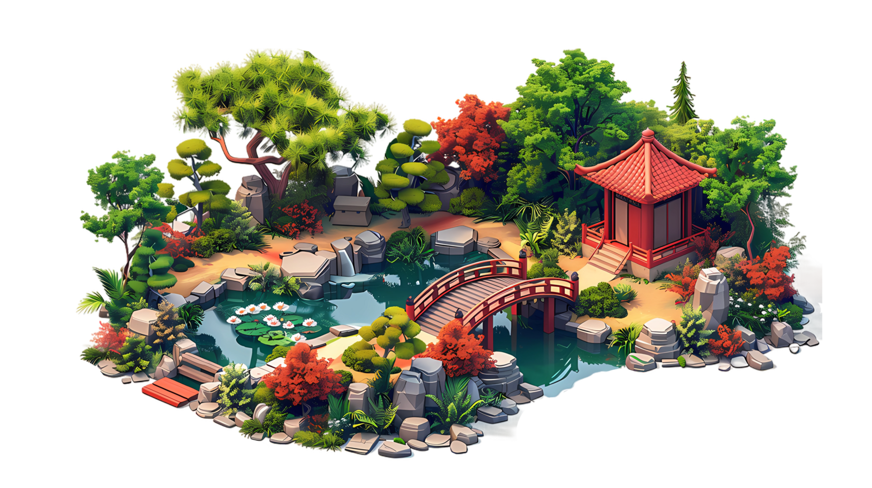 isometric style an asian garden with a bridge and a pond png