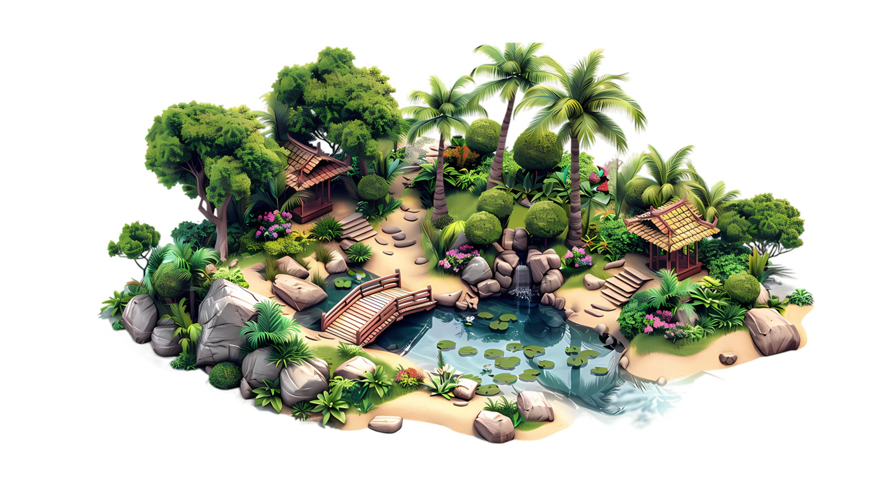 an island with a pond, trees and a bridge, isometric style png