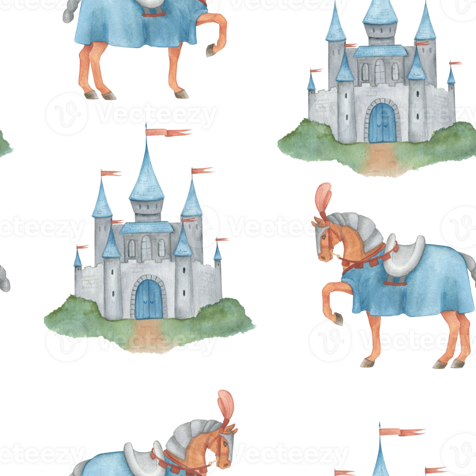 Seamless pattern with watercolor illustration of a castle, knight horse. Medieval flag, isolated. Hand drawn. For decorating children's room wallpaper png
