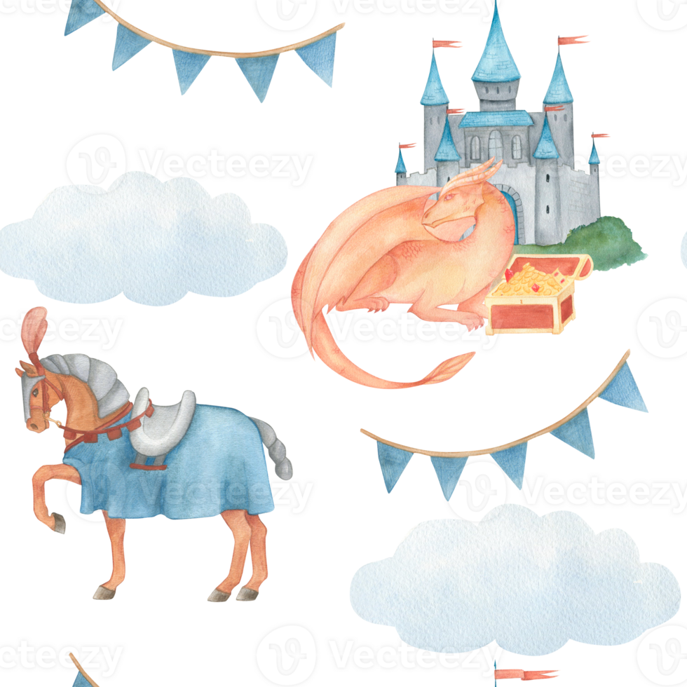 Seamless pattern with watercolor illustration of a flags in red and blue and castle, khight horse, dragon, clouds, pile of treasures. For children's room wallpaper png