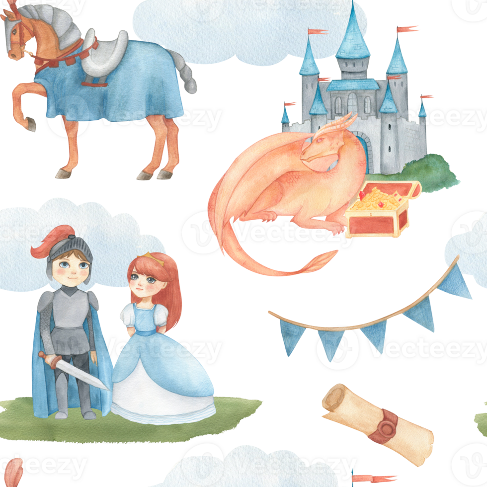Seamless pattern with watercolor illustration of a flags in red and blue and castle, knight or prince, horse, dragon, clouds, pile of treasures, princess, scroll. For children's room wallpaper png