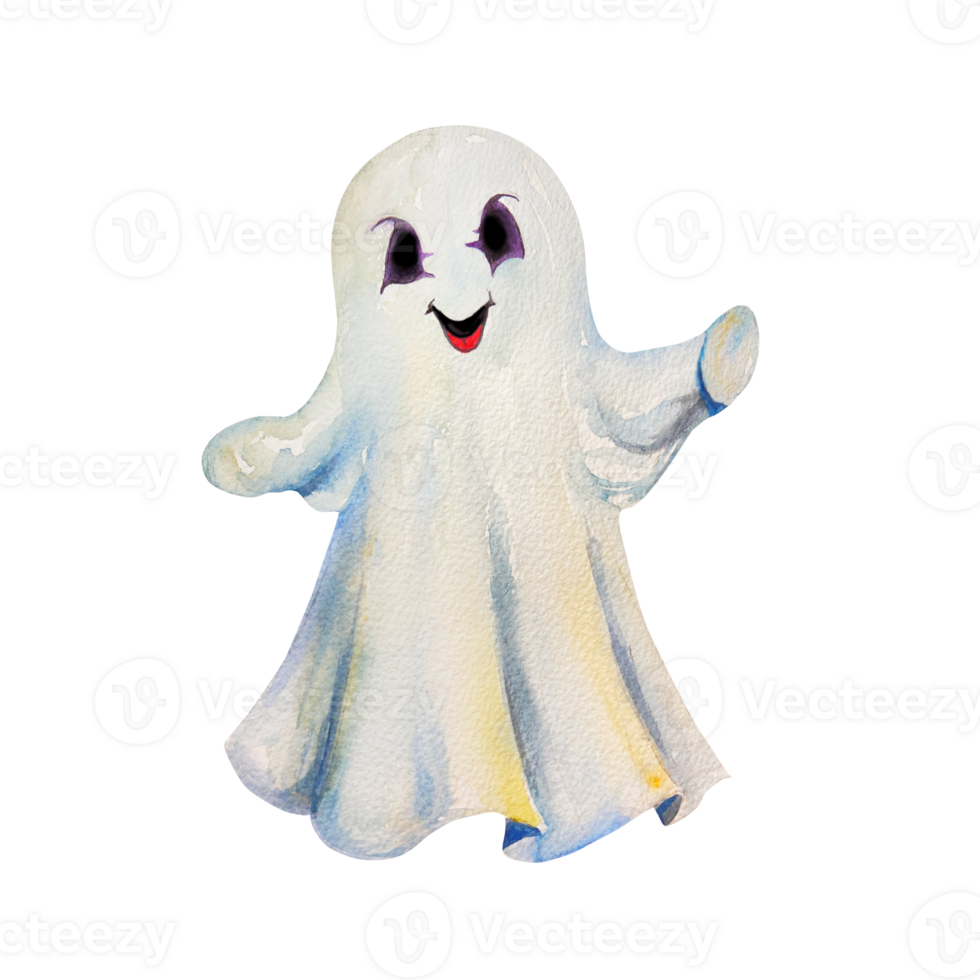 Halloween ghost, in a white sheet. Hand drawn watercolor illustration. For cards, invitations, labels, banners, flyers, covers. png