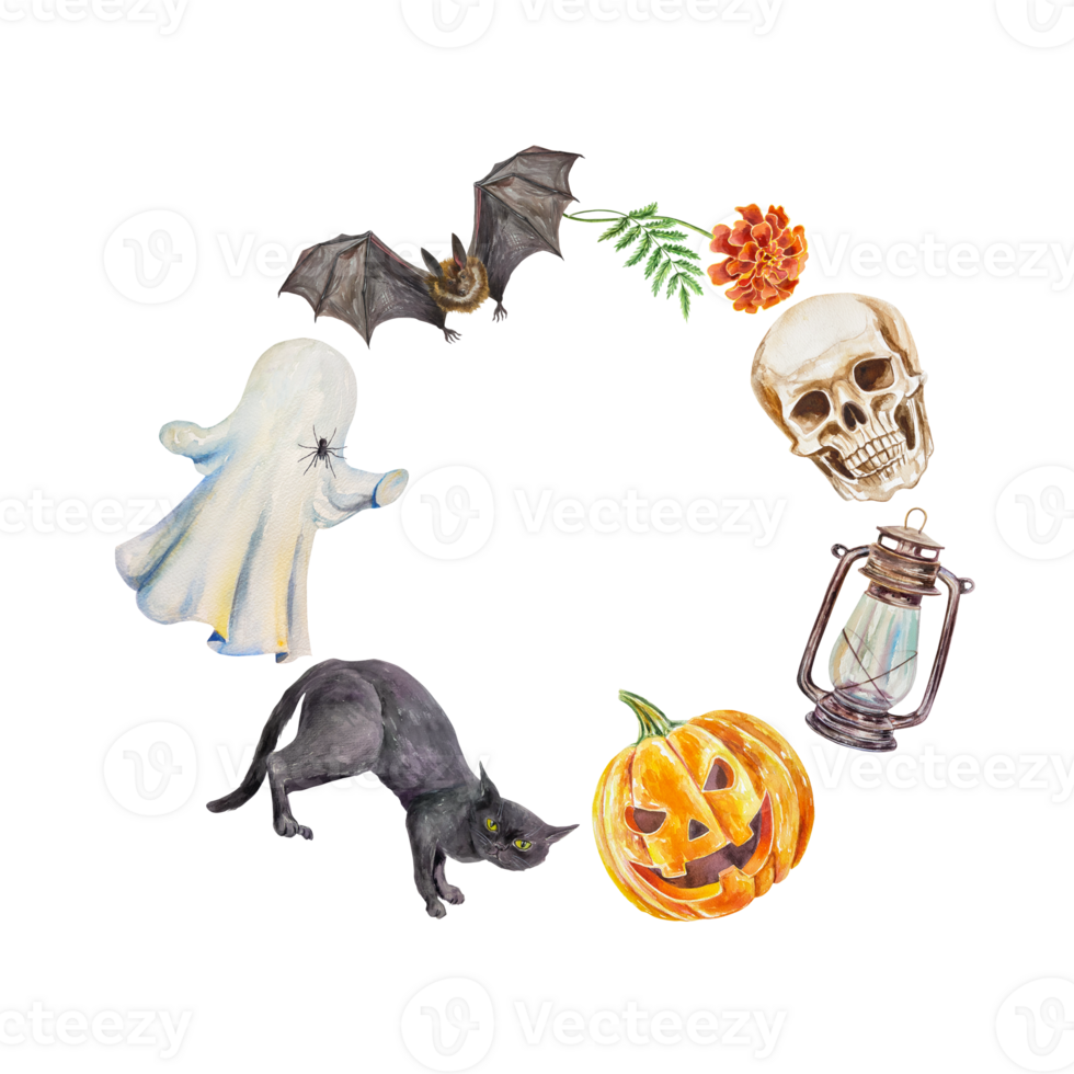 Halloween pumpkin, skull, black cat, ghost, bat, lamp. Round frame, wreath. Hand drawn watercolor illustration. For Halloween cards, invitations, covers, flyers, posters. png
