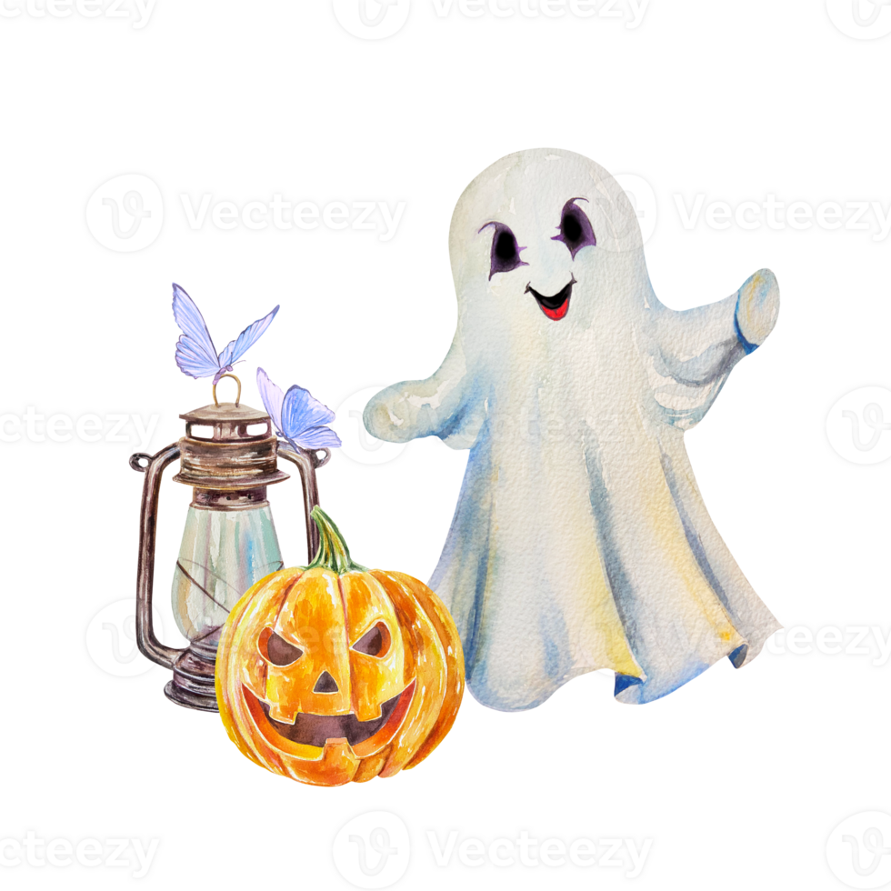 Halloween ghost in a sheet, pumpkin, lamp, moths. Hand drawn watercolor illustration. For cards, invitations, banners, flyers, covers. png