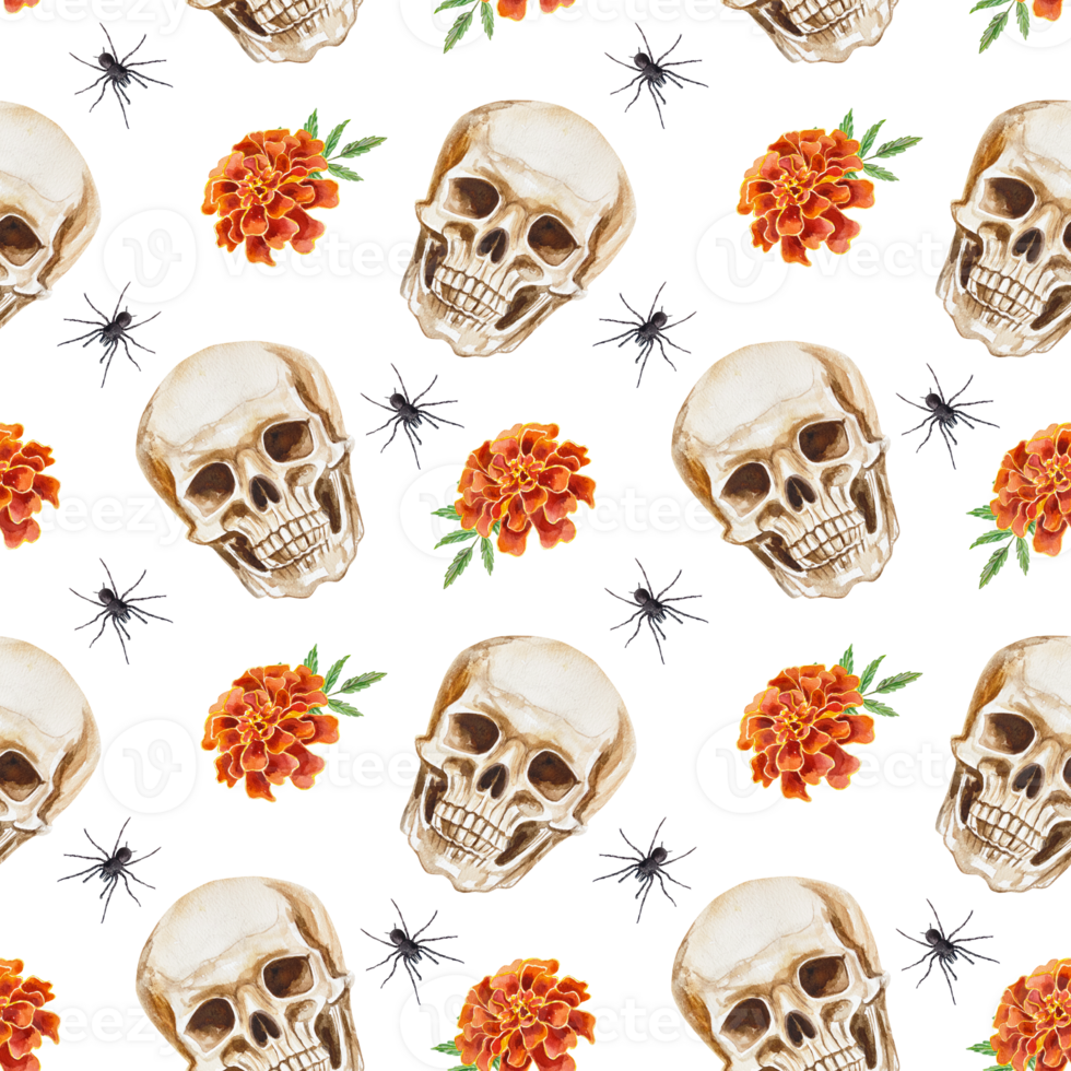 Human skull, marigolds, spider. Seamless pattern. Hand drawn watercolor illustration. For cards, invitations, wrapping paper, textiles, fabric, covers, wallpaper. png
