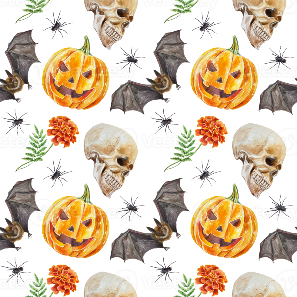 Halloween pumpkin, human skull, bat, spider, flower. Seamless pattern. Hand drawn watercolor illustration. Cards, invitations, wrapping paper, textiles, fabric, covers, wallpaper png
