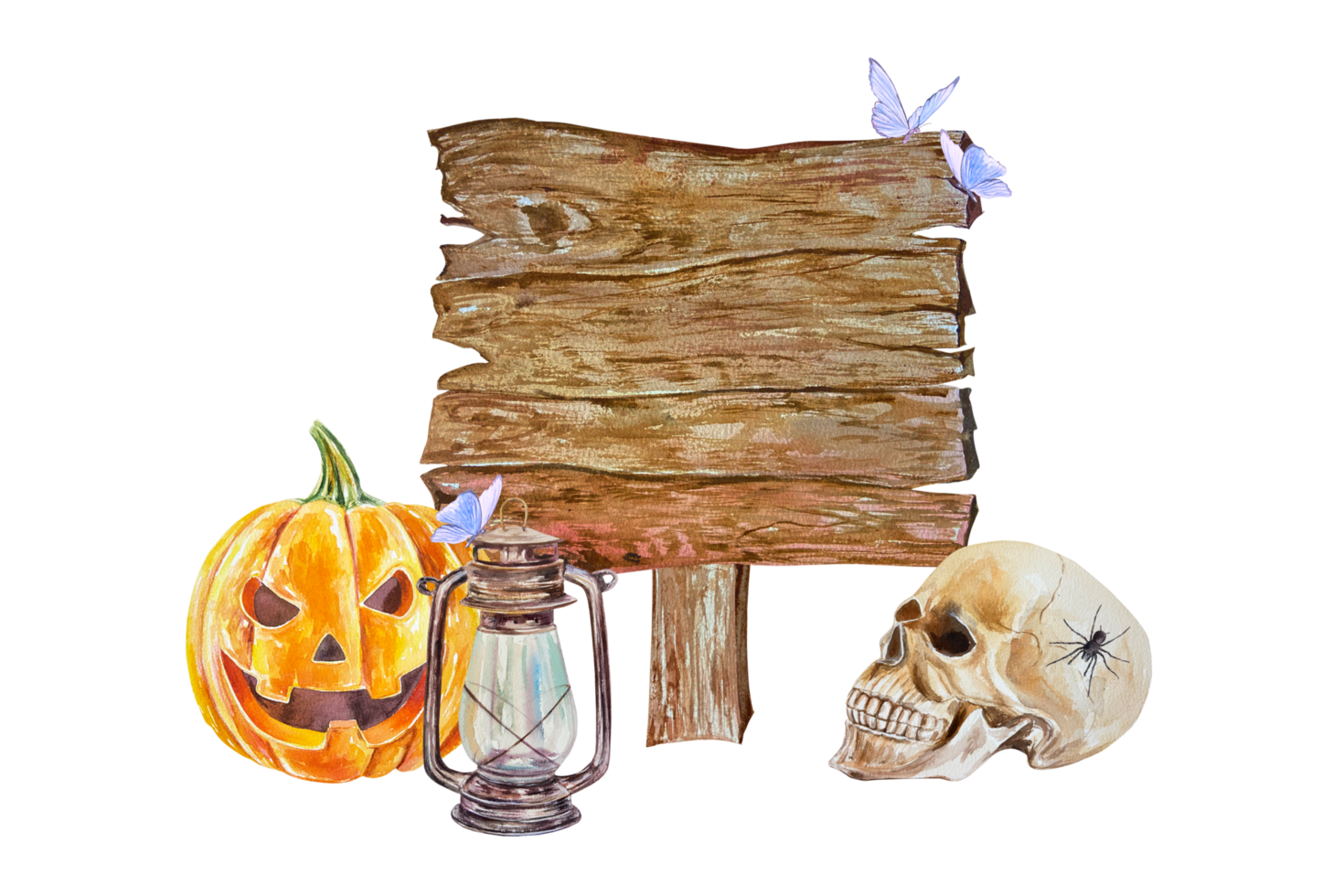 Halloween pumpkin, human skull, lamp, wooden board for text. Hand drawn watercolor illustration. For Halloween cards, invitations, covers, flyers, posters. png