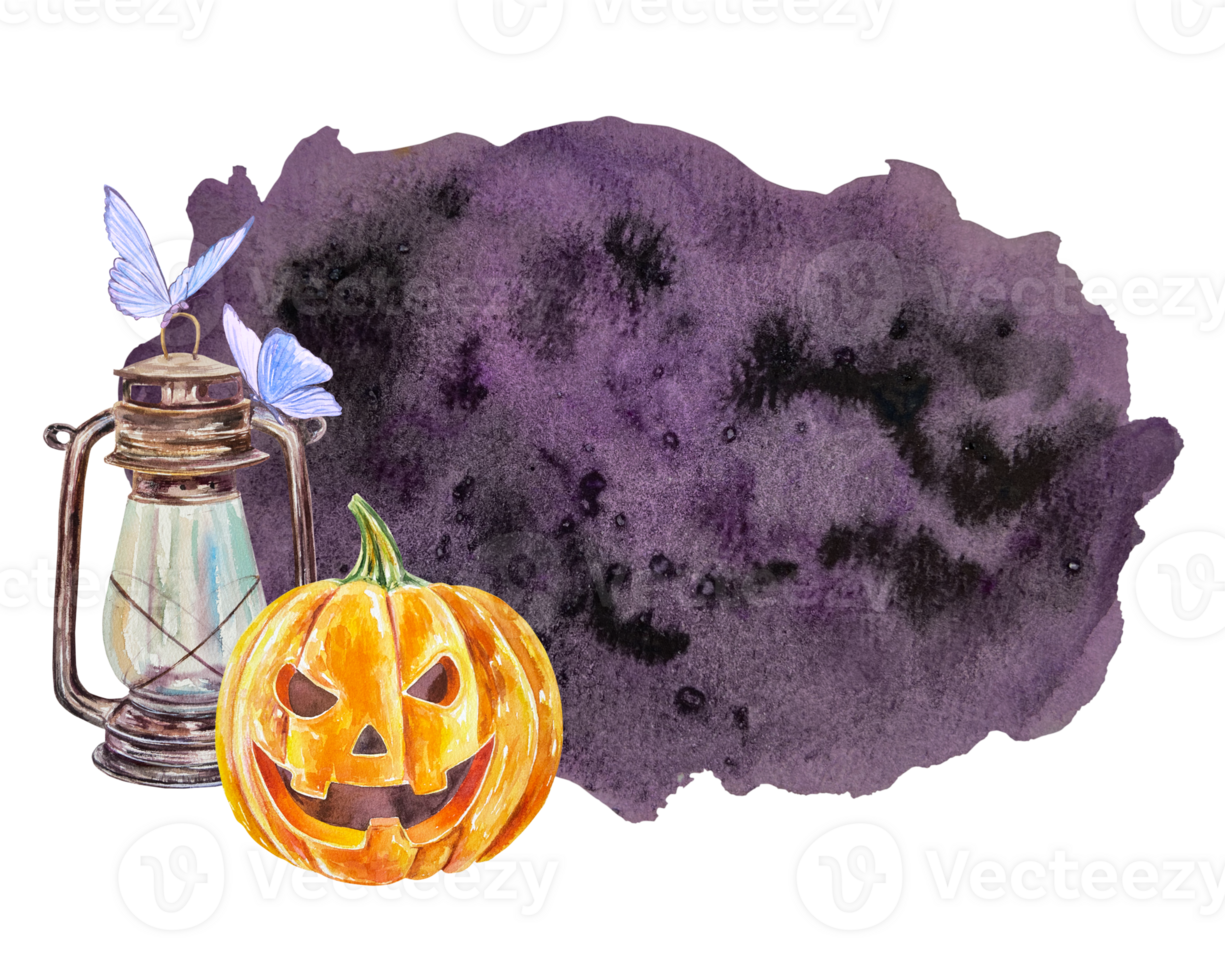 Halloween template for text on a dark background, with Jack pumpkin, lamp, moths. Hand drawn watercolor illustration. For cards, invitations, banners, flyers, covers, posters. png