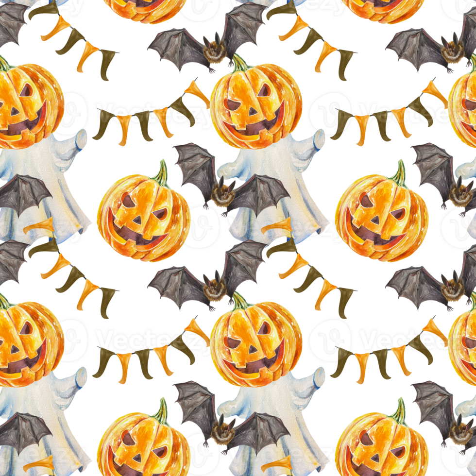 Halloween pumpkin, ghost in a sheet, bat, flags. Seamless pattern. Hand drawn watercolor illustration. Cards, wrapping paper, textiles, fabric, covers, wallpaper. png